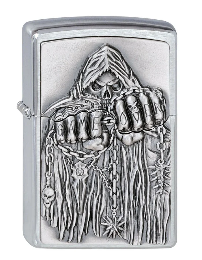 2000860 – ZIPPO Game Over Emblem Brushed Chrome