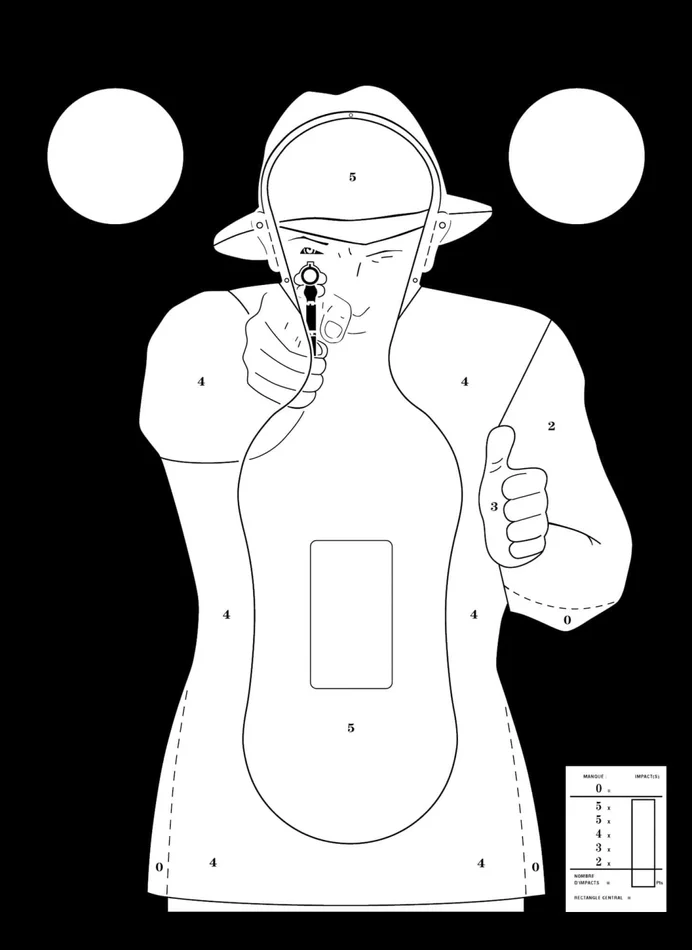 A52292 – 100 cibles cartons silhouette Police 51 x 71 cm Blanche sur fond noir