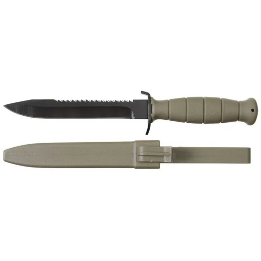 Couteau de terrain MFH Bundesheer FM81 avec lame de scie et étui en plastique, vert olive