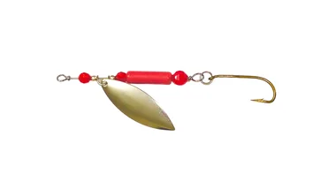 Fishslayer Tackle 3/8oz Clatter Jig / Spinners On Fire — Corps rouge brillant avec perles UV rouges et un spinner chromé réfléchissant