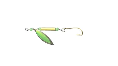 Leurre Fishslayer Tackle 1/2oz Clatter Jig / Spinner Max Gold — Corps en laiton avec perles phosphorescentes chartreuse et spinner Mtn. Dew