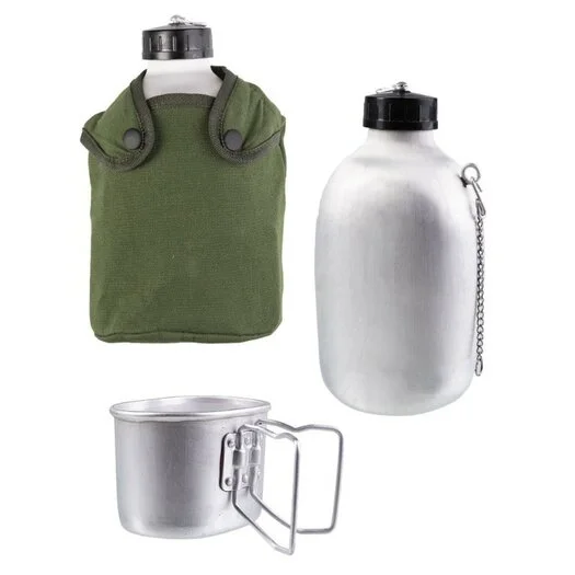 Mil-Tec ensemble de gourdes French 1,3L en aluminium avec gobelet et housse, vert olive