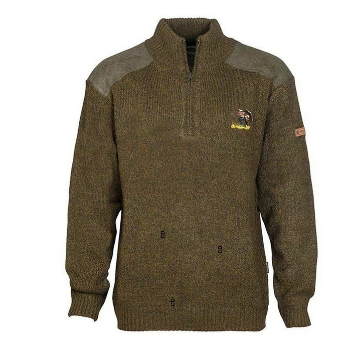 Pull Homme Percussion Col Camionneur Brodé Sanglier Kaki