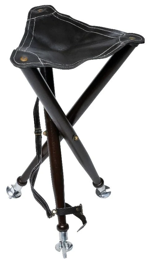 Trépied Januel en bois – dessus cuir et pic métallique amovible – 65 cm